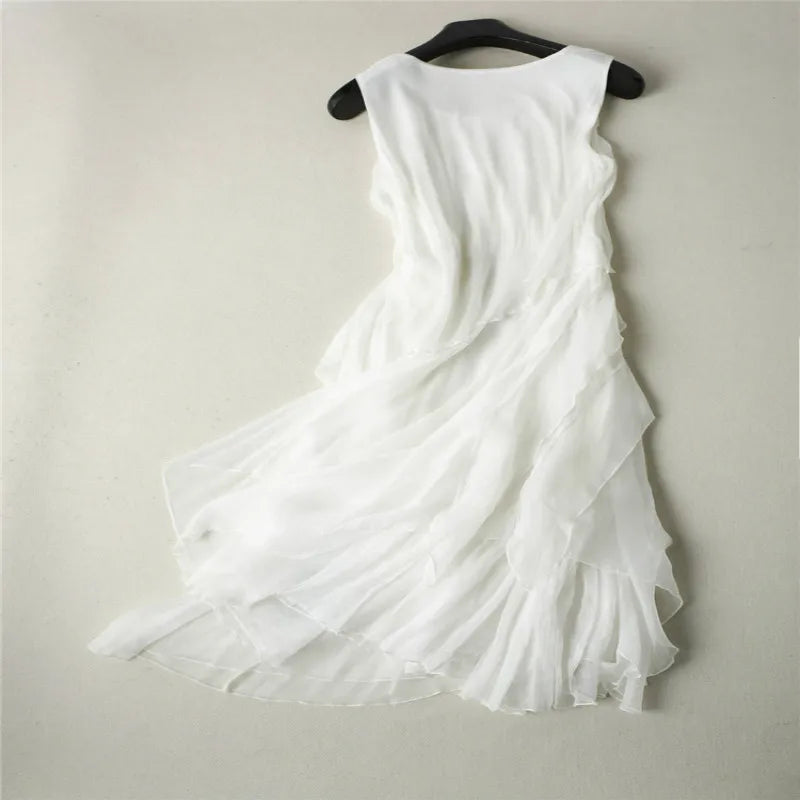 Trend Fashion Women Silk Dress 100%Silk A-line Sleeveless White Women Christmas Party dresses Holiday Beach Dress Clothing