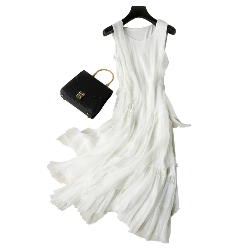 Trend Fashion Women Silk Dress 100%Silk A-line Sleeveless White Women Christmas Party dresses Holiday Beach Dress Clothing