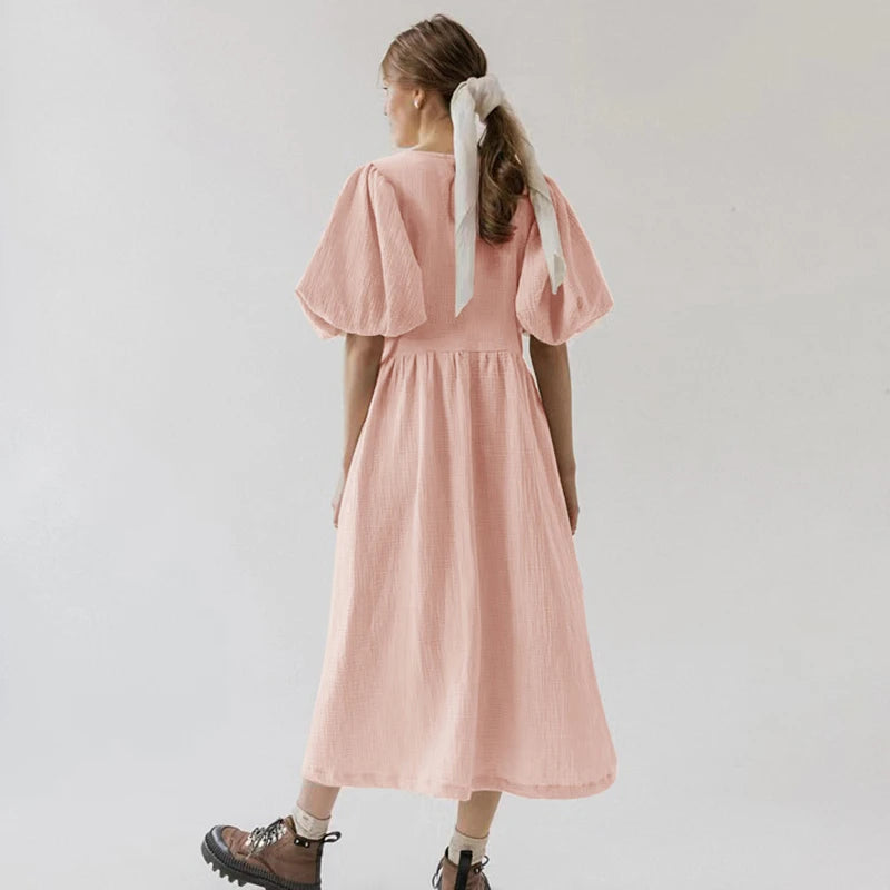 Vintage 100% Cotton Puff Sleeve Maxi Dress For Women Muslin Crepe Gauze V-Neck  Bandage Lace Elegant Long Birthday Party Dress