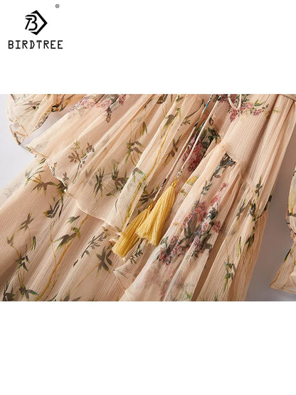 100% Natural Mulberry Silk Dress Women 2023 Long Sleeve Asymmetric Lace Up Floral Print Full Sleeve Ruffles Midi Dresses D31002Z