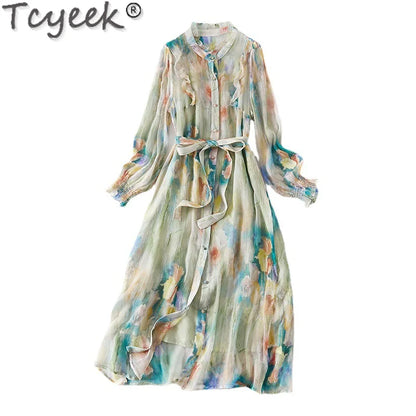 Tcyeek Women's Dress Spring Summer Print 100% Mulberry Real Silk Dress Fashion Beach Dresses Womans Clothing Long Sleeve латье