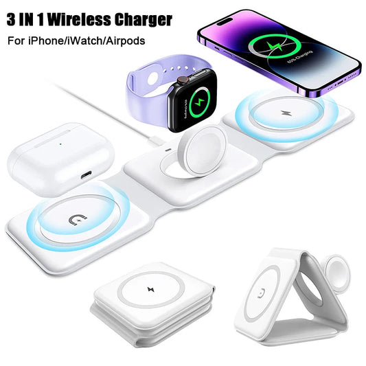 3 IN 1 Magnetic Wireless Charger for iPhone 15 14 13 12 Apple Watch AirPods 15W Fast Charging Dock Station Foldable Stand Charge