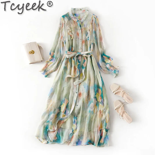 Tcyeek Women's Dress Spring Summer Print 100% Mulberry Real Silk Dress Fashion Beach Dresses Womans Clothing Long Sleeve латье