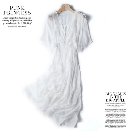 100% Silk White Dress For Women Summer 2024 Beach Maxi Dress Female Casual Ladies Dresses Elegant Vestido De Mujer Pph5017