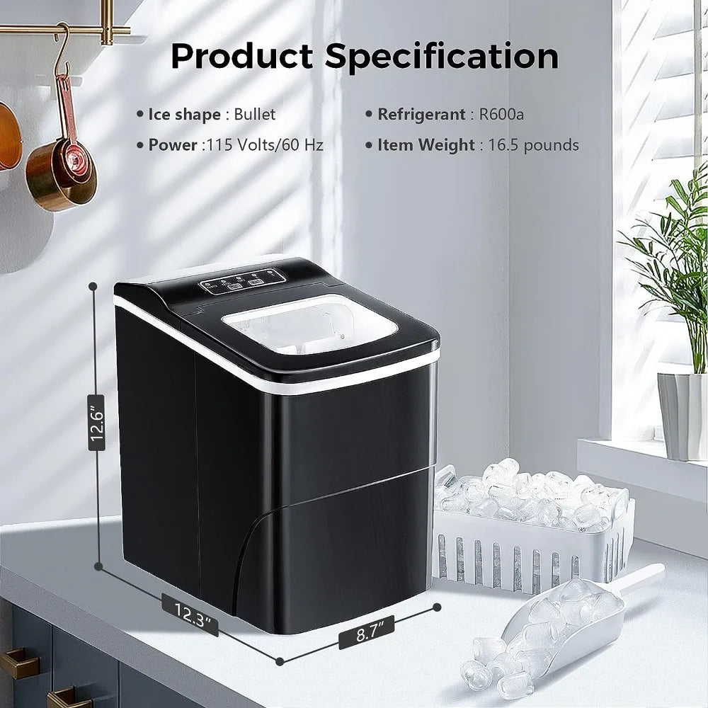 Ice Makers Countertop with Self-Cleaning, 26.5lbs/24hrs, Portable Ice Machine with 2 Sizes Bullet Ice/Ice Scoop/Basket, for Home