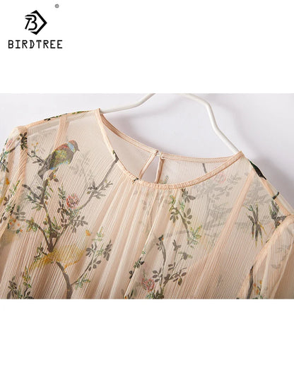 100% Natural Mulberry Silk Dress Women 2023 Long Sleeve Asymmetric Lace Up Floral Print Full Sleeve Ruffles Midi Dresses D31002Z