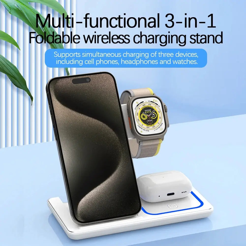 3 In 1 Foldable Wireless Charger Stand For iPhone 15 14 13 12 Pro Max Plus IWatch AirPods 3/2 Fast Charging Station Dock Holder
