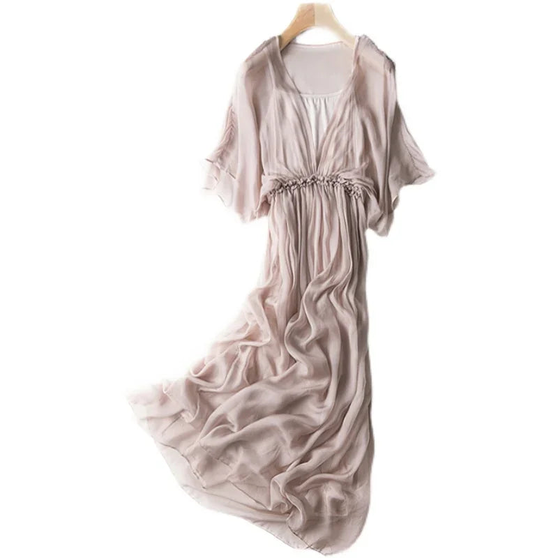 100% Silk White Dress For Women Summer 2024 Beach Maxi Dress Female Casual Ladies Dresses Elegant Vestido De Mujer Pph5017